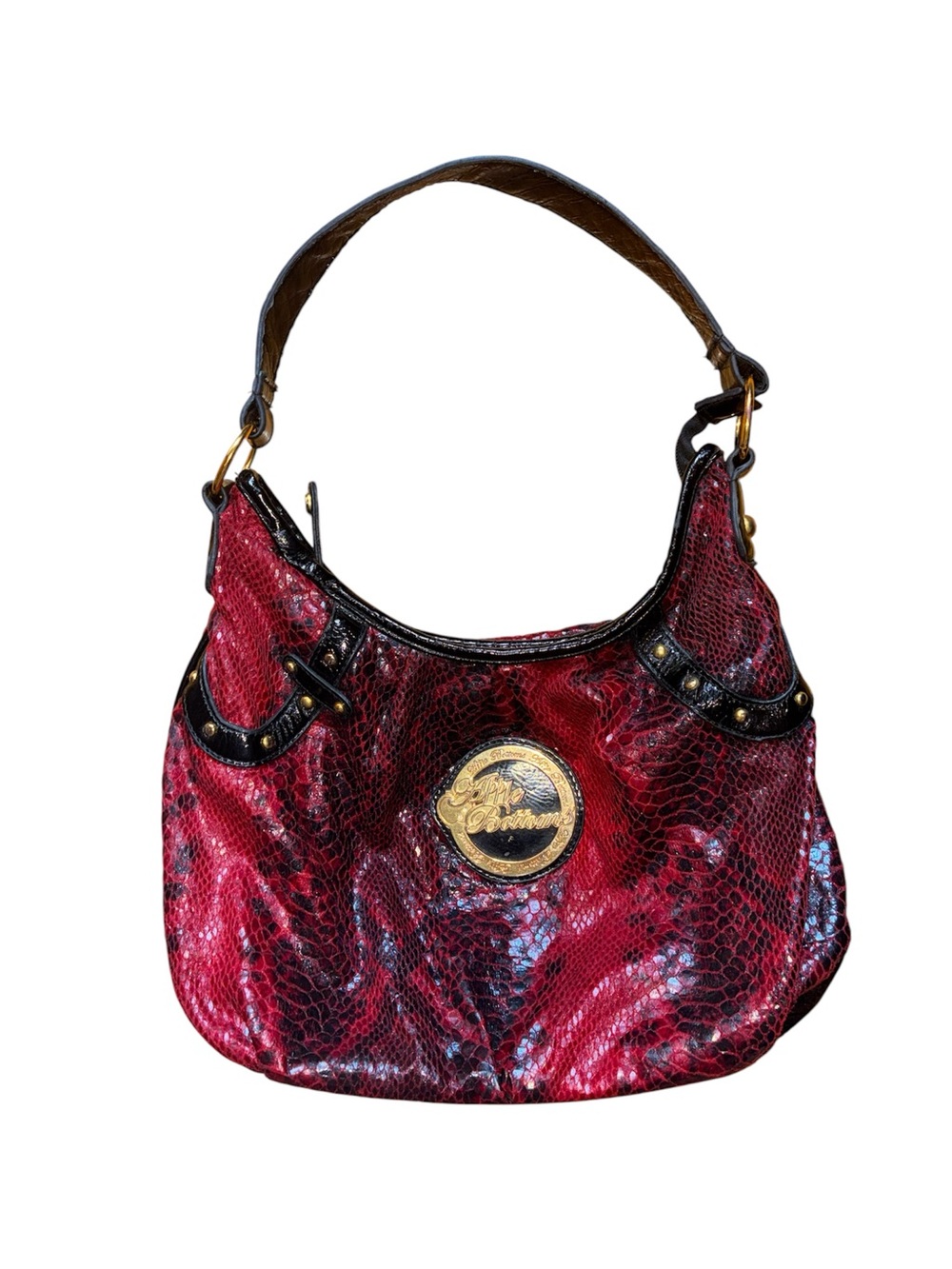 Apple Bottoms Red Snake-Embossed Shoulder Bag with Gold Medallion